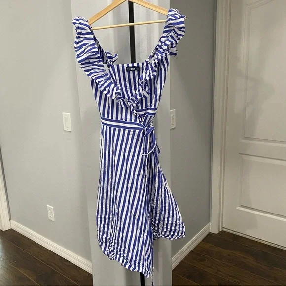 Ralph Lauren Striped Ruffled Shirt Dress Wrap Sleeveless Blue White Stripe Sz 4 - Picture 2 of 14